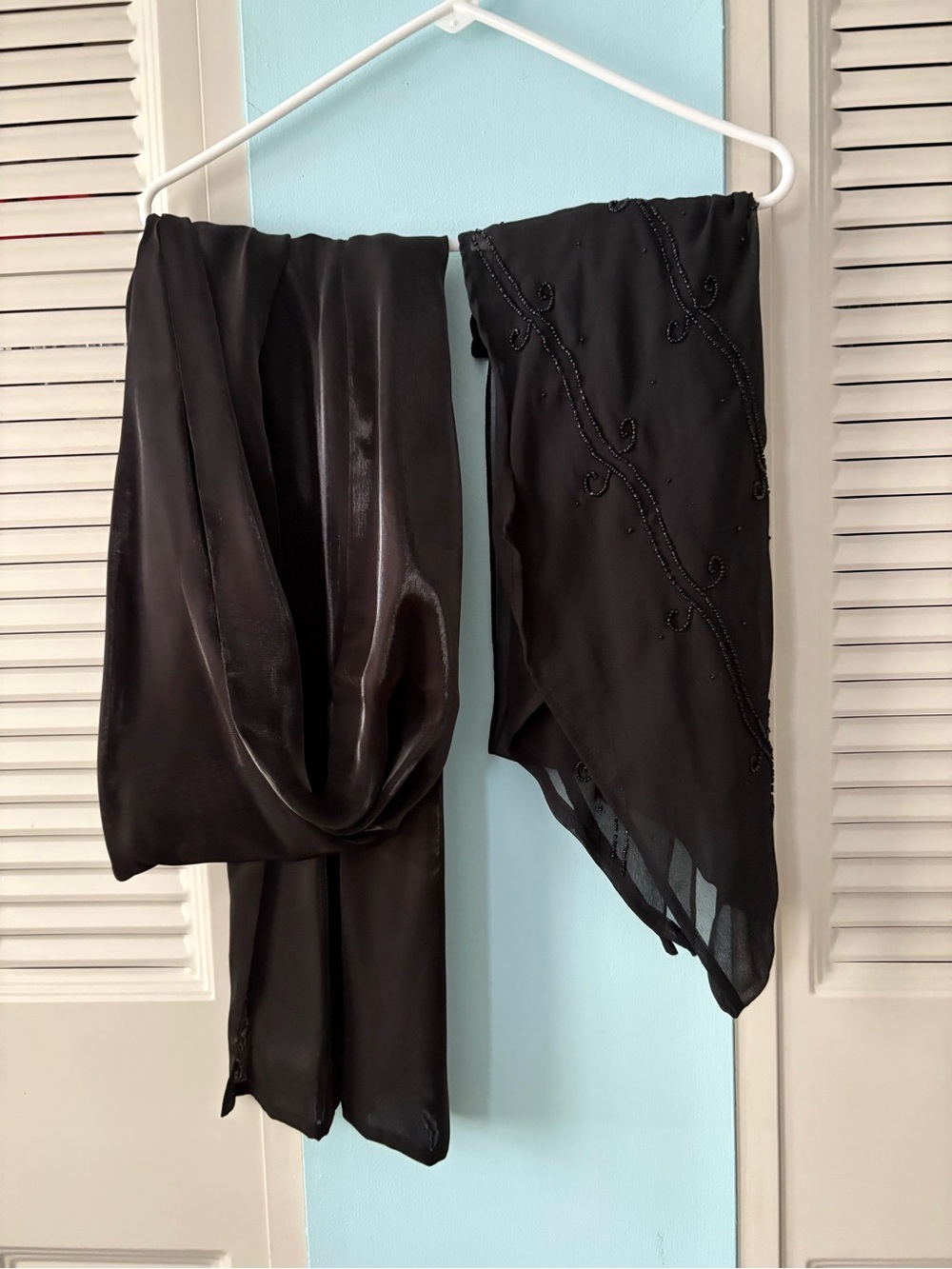 Two dress sashes. One satin & one sheer with beads.